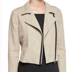 Theory Sandra Natural Flax Linen Asymmetrical Zip Moto Jacket Beige Women Medium